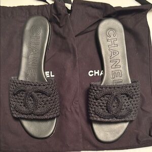 CHANEL Black Crochet Slide Sandals